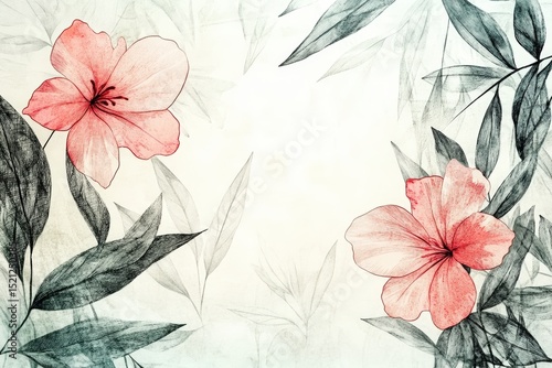 Detailed hand-drawn botanical artwork featuring exotic plants and flowers, using delicate linework and soft watercolor washes, ideal for natural science concepts and professional editorial photography