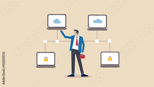 Man connecting laptops in a network with cloud and security icons in a light brown background scene