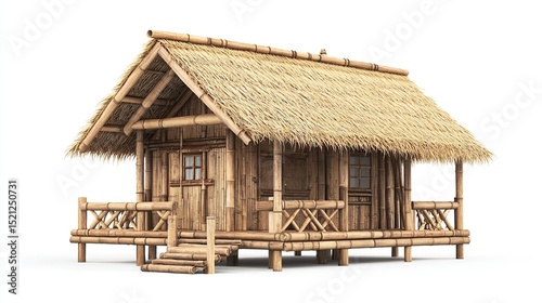 A small, rustic bamboo hut with a thatched roof, raised on stilts, featuring a simple wooden door and small windows, and a surrounding bamboo railing