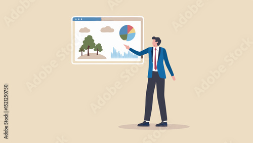 Man presenting environmental data on screen with trees clouds pie chart and bar graph shown clearly