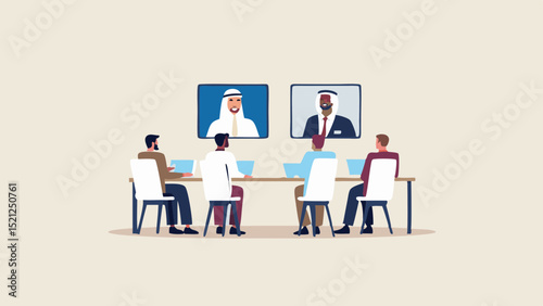 Group of people in a meeting with two men on screen in traditional arabian clothing and business suit