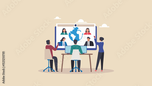 People attending a video conference with a globe on the screen in a meeting room setting shown