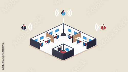 Isometric view of an office space with cubicles and employees communicating remotely with wifi signals