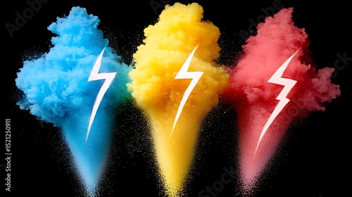 Colorful Explosions With Lightning Symbols On Black Background