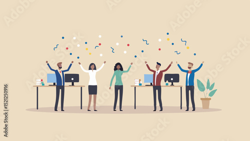 Office celebration with confetti and happy employees raising arms in a cheerful atmosphere at work