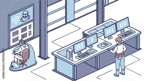 Isometric view of a futuristic control room with operators and multiple computer screens and workstations