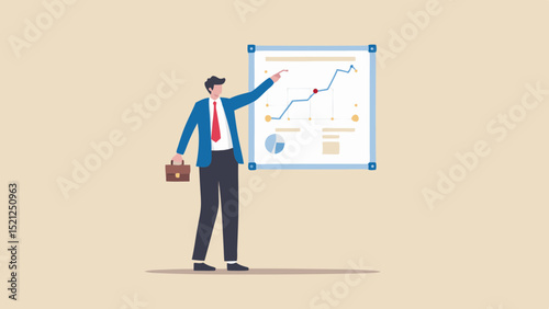 Businessman presenting financial data on a whiteboard with a graph and a pie chart displayed clearly