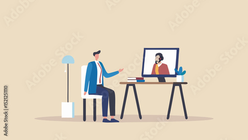 Man in suit having a video call with a person on desktop computer in a room with lamp and desk setup