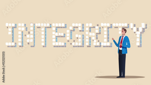 Integrity spelled out in blocks with a man in a suit standing next to the word integrity