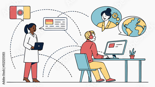 Illustration of people communicating globally through technology and international support