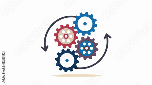 Illustration of four colorful gears connected by arrows in a circular motion process diagram
