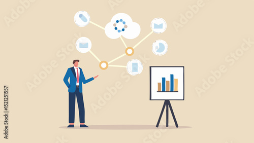 Man presenting data cloud diagram and bar chart on whiteboard in a business setting for a presentation