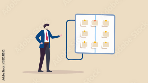 Man in suit presenting a board with sticky notes and vertical lines for organization and planning work