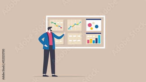 Man presenting business data charts and graphs on a whiteboard in an office setting for analysis