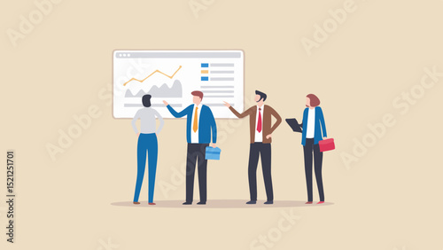 Business team analyzing data on a screen with charts and graphs in a collaborative meeting setting