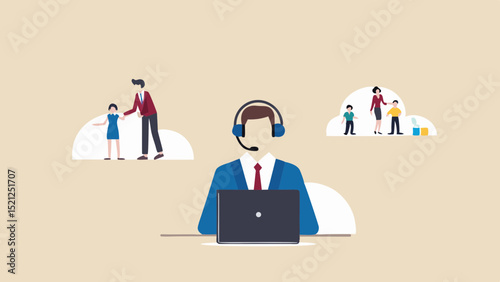Customer service representative with family clouds and laptop on a beige background view