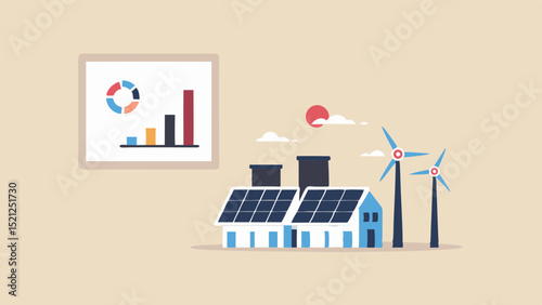 Illustration of solar panels on buildings with wind turbines and a data chart on the wall