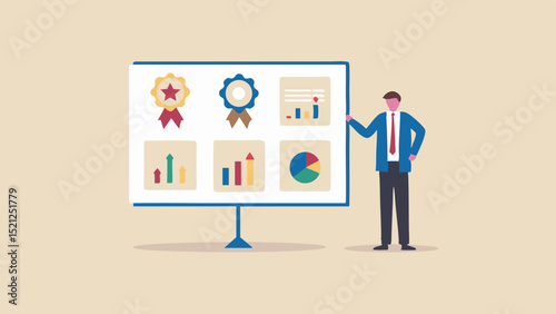 Man presenting data charts and awards on a presentation board in a business meeting scene setup