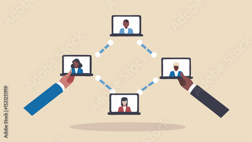 Illustration of a virtual meeting with people on laptops connected in a network formation online