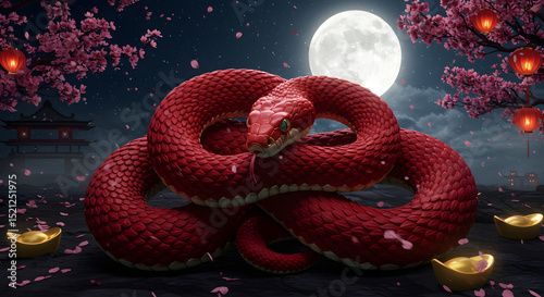 Mystical Red Snake Under the Full Moon A Digital Art Piece