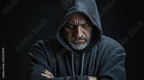 A close-up portrait of a stern, older man with a beard, wearing a dark hoodie, arms crossed, set against a black background, conveying intensity and suspicion