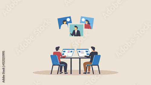 Two people in a meeting with three people on a screen in a virtual conference call setting shown