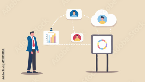 Man in suit standing next to data charts and cloud network with people icons on a beige background