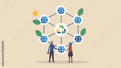 Global network with recycling symbol and people connecting for sustainability initiatives and collaboration