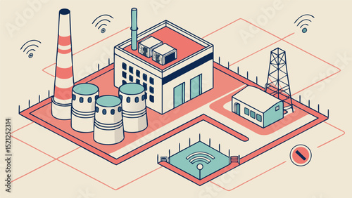 Isometric view of a factory complex with buildings, towers, tanks, and wifi signals, on a light background