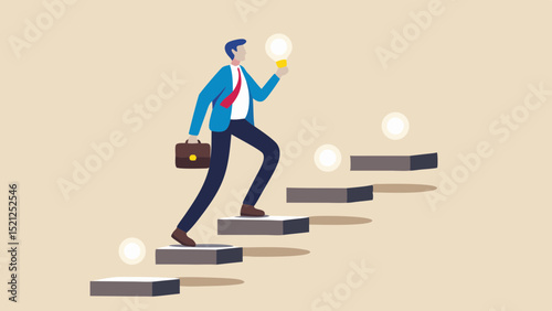 Businessman climbing stairs with briefcase and lightbulb representing success and innovation idea