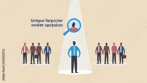 Spotlight shines on a candidate among a group of people with magnifying glass above him looking for talent