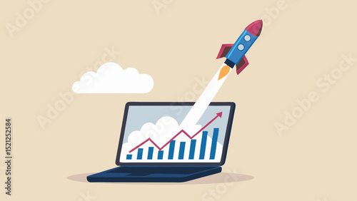 Laptop showing a graph with a rocket launching out of it indicating business growth and cloud computing