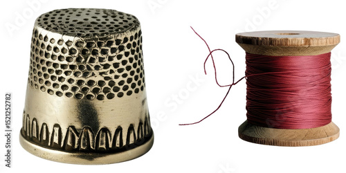 PNG silver thimble rests beside a spool of crimson thread.