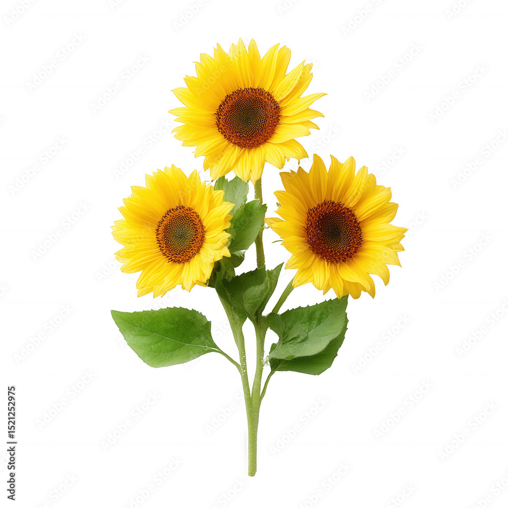 Fototapeta premium Three vibrant sunflowers with bright yellow petals and green leaves, perfect for adding a cheerful touch to any design.