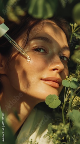 Close-up of woman gently applying botanical face oil surrounded by lush green plants, showcasing natural skincare routine in soft diffused lighting, perfect for organic beauty campaigns