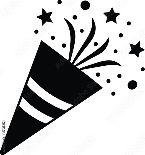 Black and white celebration confetti popper illustration with stars and decorative elements