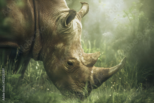 Rhinoceros leisurely grazing amid a rich landscape of dense grasses and colorful flowers in a lush environment. Nature concept