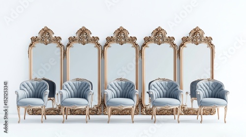 Five ornate, gold-framed mirrors flanking five matching, light-blue velvet armchairs against a minimalist white backdrop.  The chairs and mirrors feature elaborate, baroque-style carvings