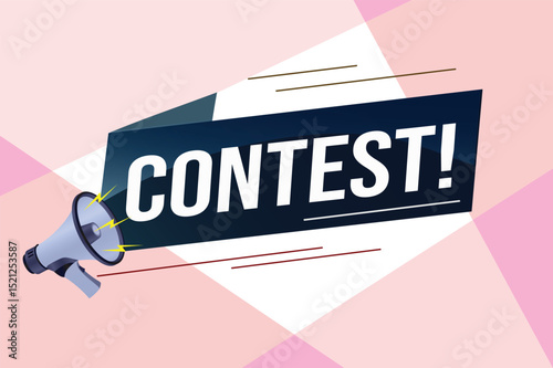 contest megaphone loud speaker design for ribbon banner poster. lettering with geometric shapes lines. advertising Vector illustration modern alert typographic blue color design template. 