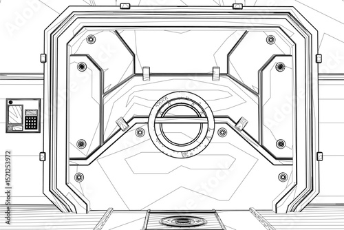 Futuristic sci-fi lab with sleek metallic surfaces, panels, advanced machinery. The design features geometric contours, digital interfaces, and a central high-tech device.