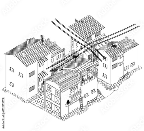 A drawing of a city with a house in the middle. The house has a garage and a balcony. Isometric view