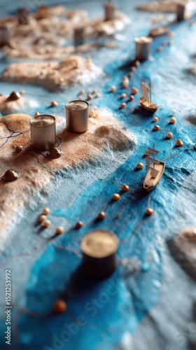Tactile economic map showing raised trading routes and miniature freight elements between industrial zones, captured in macro to illustrate global commerce and trade flow dynamics