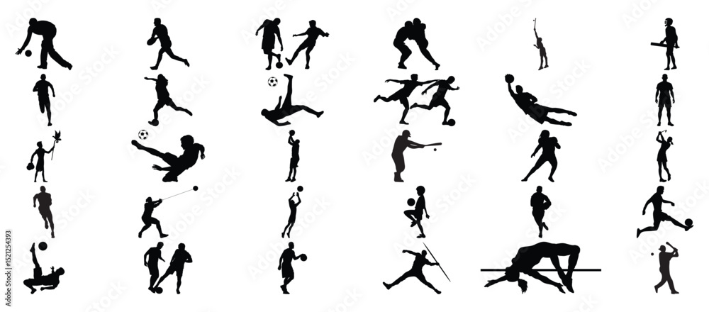 Naklejka premium Silhouette Set of Athletes Playing Popular Sports – Player Athletic Actions High-Quality EPS Illustration