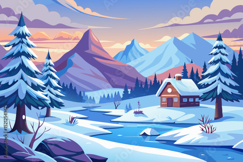  peaceful winter landscape with snowy cabin, pine trees and mountain view in a scenic forest setting