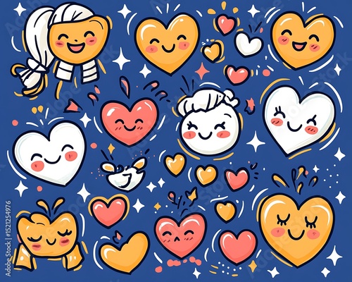 Whimsical colorful illustration featuring cheerful smiling hearts and characters