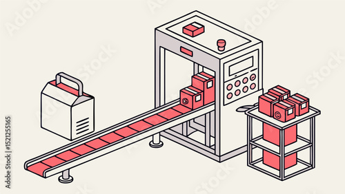 Isometric view of a conveyor belt system with boxes on a production line and a storage rack nearby