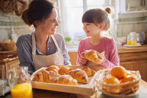 A heartwarming scene of a mother and her daughter creating delicious croissants in a cozy kitchen, sharing smiles and laughter. Family moments in cooking concept