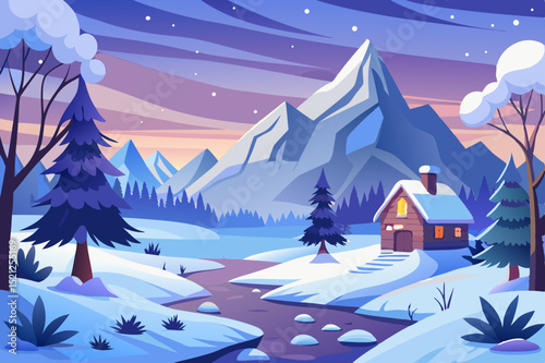  peaceful winter landscape with snowy cabin, pine trees and mountain view in a scenic forest setting