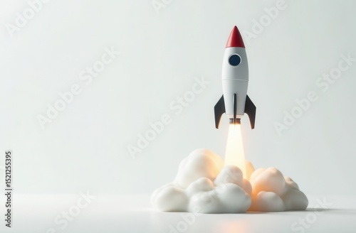 3d model of a rocket taking off on a light background with copy space. concept for the successful launch of a new startup business project