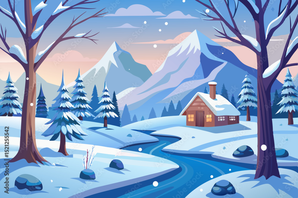 Fototapeta premium peaceful winter landscape with snowy cabin, pine trees and mountain view in a scenic forest setting